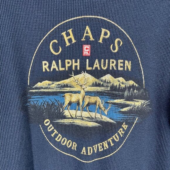 Ralph Lauren Chaps VTG Thermal Long Sleeve Shirt Size L Blue Outdoor Buck Deer - Picture 2 of 10